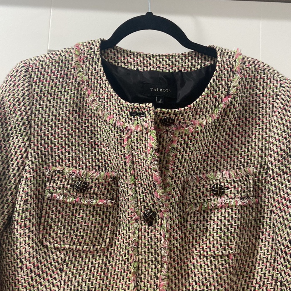 Talbolts Pink Green Tweed Eyelash Trim Cloqué Style Round Neck Blazer Jacket 12 - Picture 11 of 16